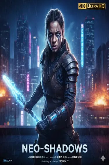 Movie poster for Neo-Shadows featuring a warrior woman with a glowing blue electric staff in a cyberpunk city.