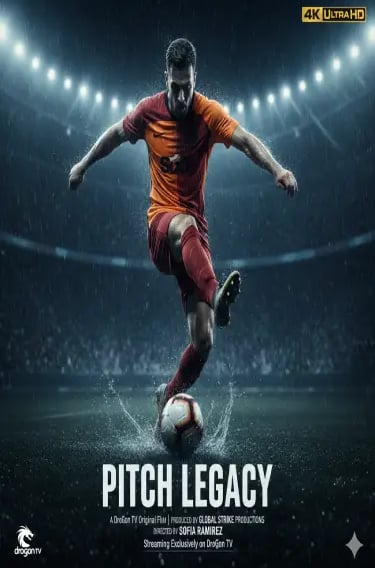 Professional soccer player kicking a ball in a rainy stadium for the film Pitch Legacy.