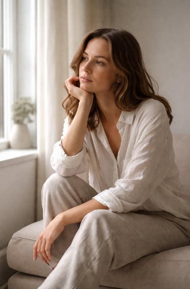 A thoughtful woman wearing a white linen shirt and trousers sits by a bright window.
