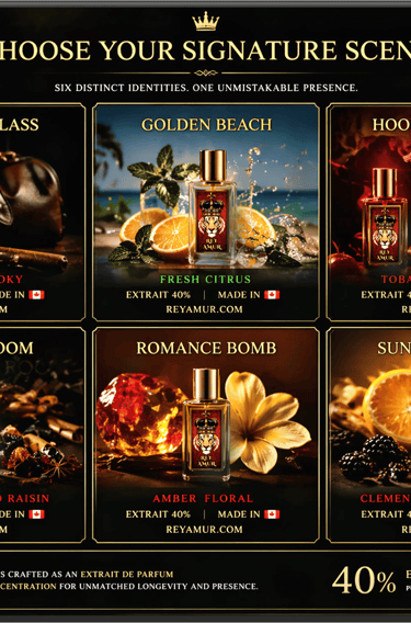 Luxury perfume Canada scent collection REYAMUR extrait fragrances leather citrus tobacco amber flora