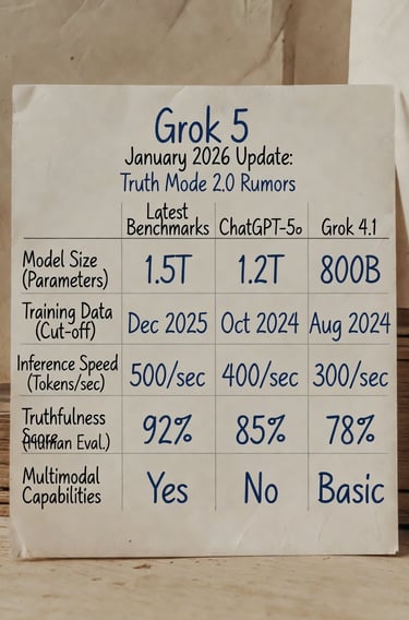 Grok 5 January 2026 update – Truth Mode 2.0 rumors, benchmarks vs ChatGPT-5o & Grok 4.1,