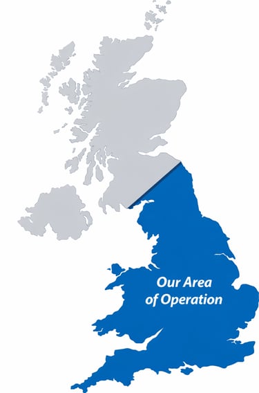 Map of the United Kingdom highlighting the service area of operation in blue across England and Wales.