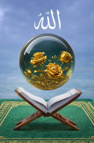 Golden sphere with roses above an open Qur’an symbolizing the Shahada and the Oneness of Allah