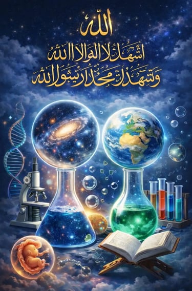 islamic shahada arabic calligraphy glowing above universe earth dna microscope quran harmony faith science research