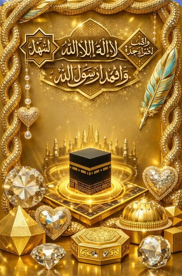 Visual representation of the Kaaba surrounded by light and Shahada calligraphy, serving as a symbolic gateway  shahada audio