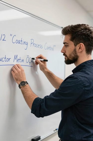 A professional instructor giving a presentation to a group around a conference table with icy blue background.