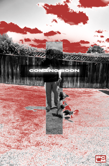 A grey and red stylized image of a man playing with his dog. "COMING SOON" and a cross in front