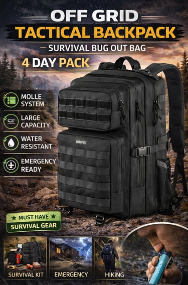 Black off grid tactical backpack 4 day bug out bag with MOLLE system for survival hiking and emergency gear.