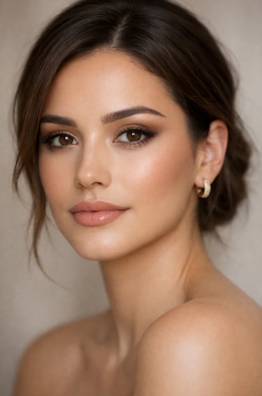 Portrait of a woman with soft bridal makeup, warm smoky eyeshadow, and a nude glossy lip.