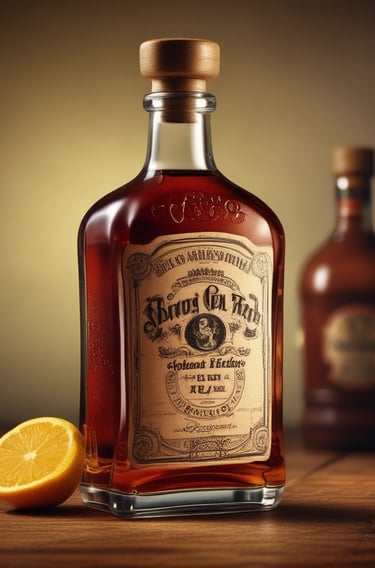 A bottle of golden spiced rum with cinnamon sticks and vanilla pods beside it