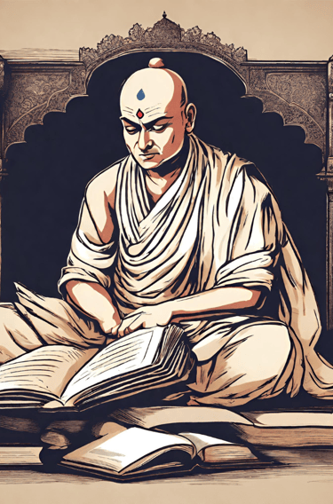 Vector graphic of ancient indian polymath Chanakya, studying ancient scripts and texts