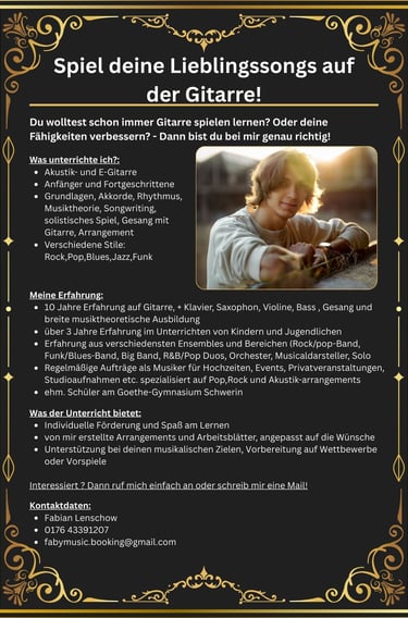 Werbeflyer für den Gitarrenunterricht von Fabian Lenschow "Faby"