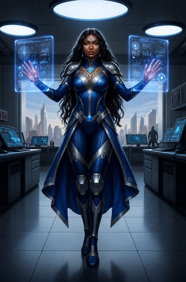 Ilustração da Princesa Dorahan de Tal-Aboi vestindo roupa azul em seu laboratório de ciência galácti