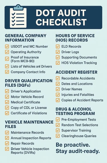 FMCSA audit documents and federal compliance files required for trucking carriers