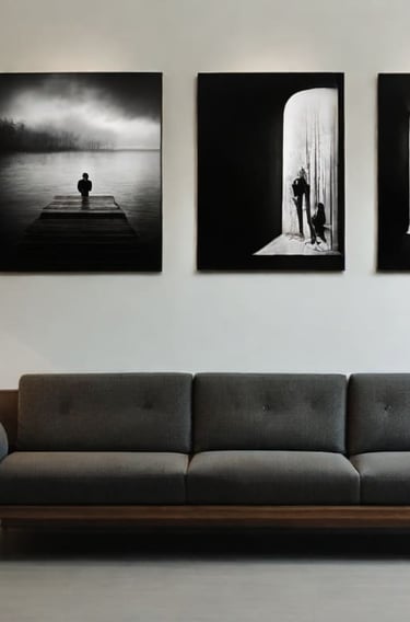 Obras de Arte emolduradas em uma Sala de Exposição