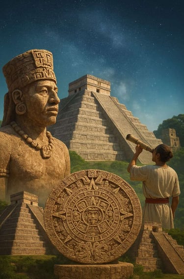 Ancient Mayan pyramid, calendar stone, and astronomy scene at night