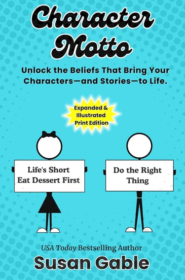 Book cover for Character Motto by Susan Gable featuring stick figures holding signs with life mottos.
