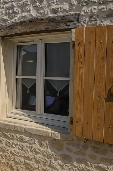 Des volet en bois gris avec une peinture naturelle moins chère à l'achat et en simple en entretien