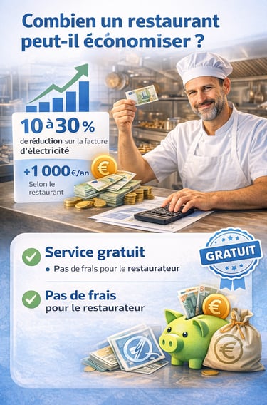 Infographie sur les économies d’électricité pour les restaurants grâce à courtage en énergie gratuit
