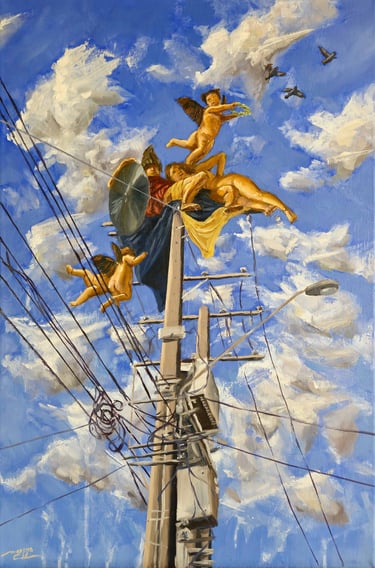 a painting of a woman on a pole with a man