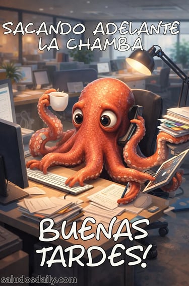 pulpo en una oficina usando varios tentáculos para trabajar: computadora, taza de café y papeles