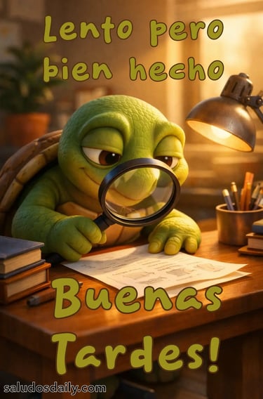 Tortuga animada estilo Pixar revisando cuidadosamente un documento con una lupa sobre un escritorio