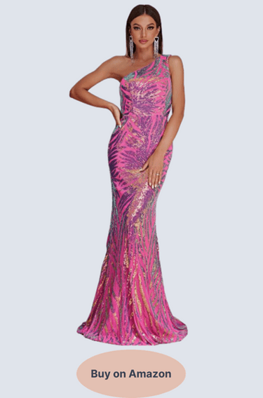 Giffniseti Women's One Shoulder Holographic Sequin Dresses Evening Gown