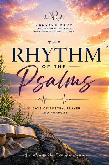 “Devotional image for The Rhythm of the Psalms with a sunrise over a lake, open book, and mug”