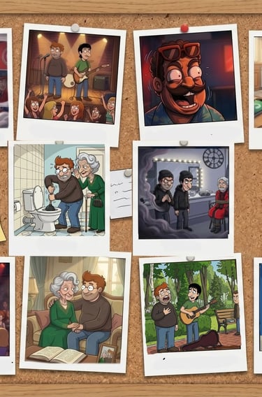 A cork bulletin board featuring a collection of cartoon polaroid photos showing various life moments and memories.