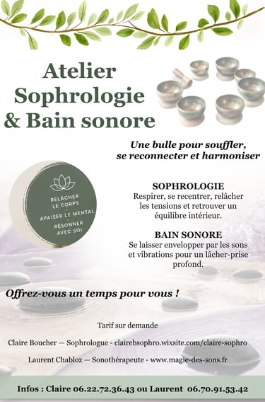 Affiche de l'atelier Sophrologie et bain sonore animé par Laurent Chabloz et Claire Boucher
