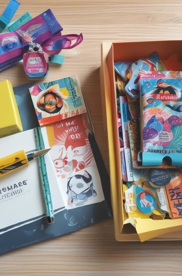 Bright promotional banners and business cards displayed at a local event booth.