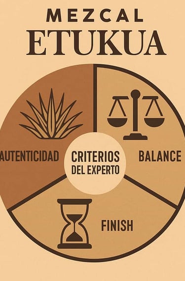 Infografía con tres iconos que representan los criterios de un sommelier: agave (planta), equilibrio