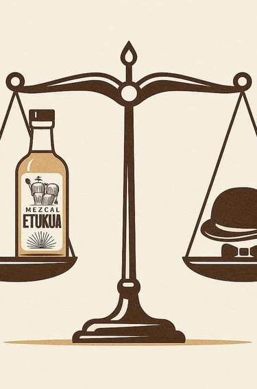 Imagen conceptual de una balanza equilibrando una botella de mezcal y un sombrero de sommelier.