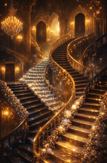 Surreal dream palace with black velvet staircases, golden accents and crystal reflections symbol