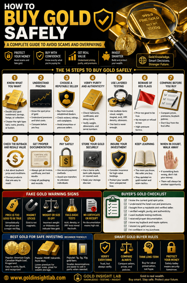 Infographic showing how to buy gold safely, including steps to avoid scams before purchasing