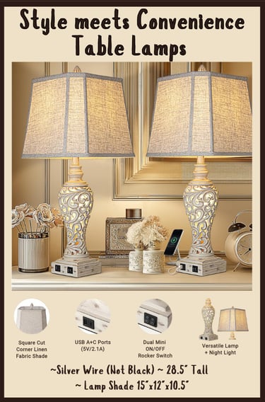 LuxSight Table Lamp Set Living Room Bedside Night Light USB Plugs