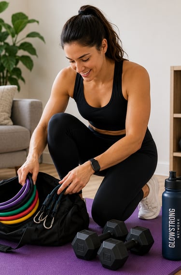Beginner home workout setup featuring resistance bands, light dumbbells, an exercise mat, and a reus