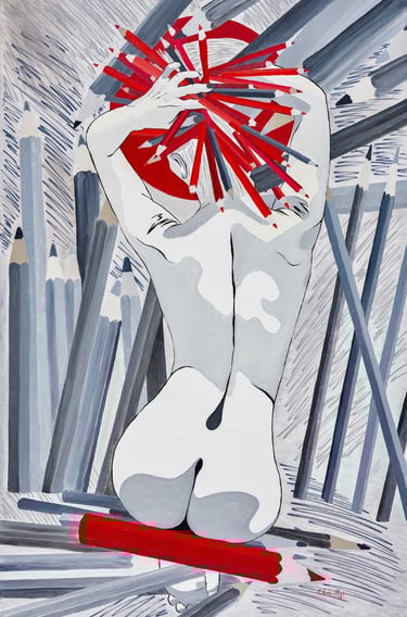 Femme assise sur un gros crayon rouge et vue de dos. La tête est légèrement tournée vers la gauche. 