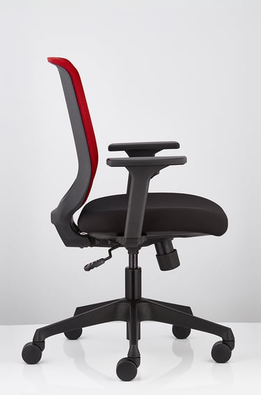Sensit T127 chair with red mesh backrest and black seat, side profile