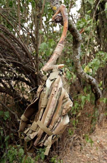 percha construida con una rama de madera y cuerda colgando de un arbol y una mochila de ellacolgando