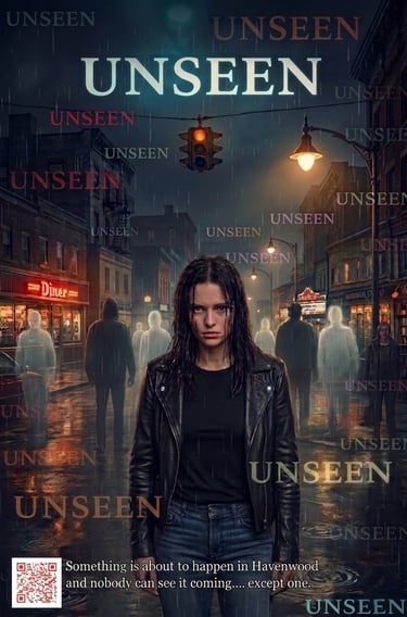 Movie poster for Unseen featuring a woman in a leather jacket on a rainy city street with ghostly figures.