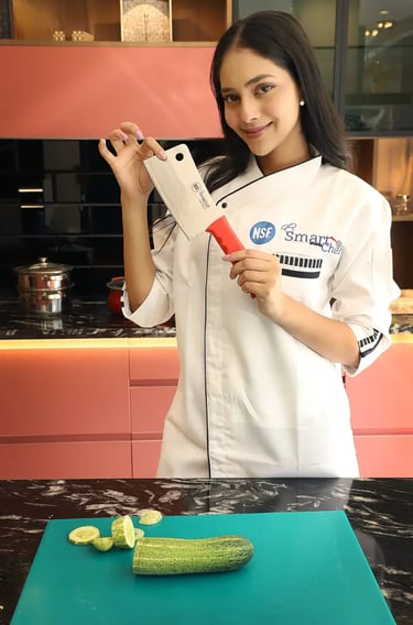 smart chef in white uniform holding a professional chopper smart chef