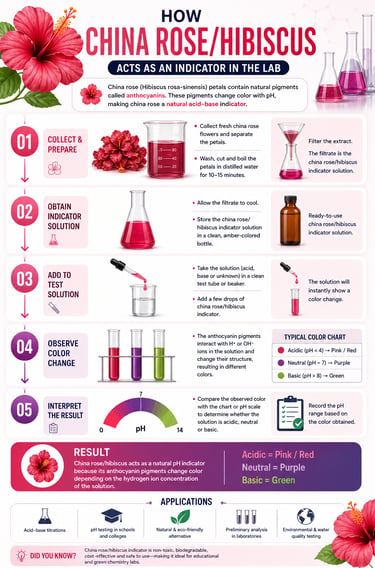 Educational infographic explaining how to use China rose or hibiscus petals as a natural pH indicator in a science lab.