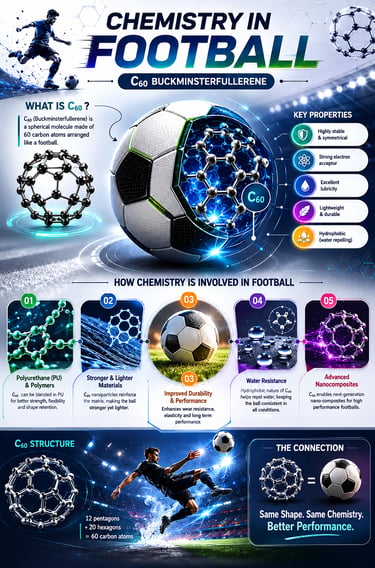Infographic explaining chemistry in football using C60 buckminsterfullerene molecules for durable sports equipment.