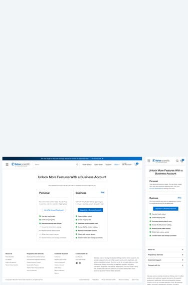 Fisher Scientific website screenshot showing a comparison between personal and business account features.