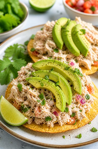 Tostadas crujientes con ensalada de atún y aguacate, desayuno mexicano saludable y alto en proteína