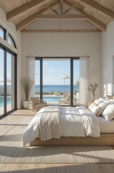 A serene and stylish pool house interior with a cozy bedroom featuring plush soft white bedding and 