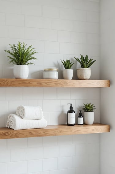 Modern wooden floating shelves installed in a tiny bathroom, styled with rolled towels, small plants