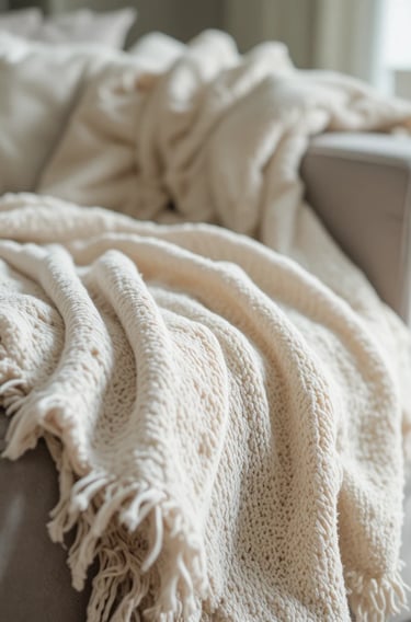 Close-up of a soft neutral throw blanket draped over a modern sofa, visible fabric texture, warm ton