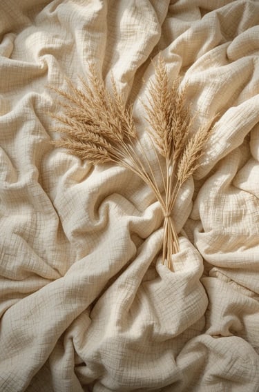 weave linen duvet in warm oatmeal tones, casually rumpled as if just slept in, morning light streami